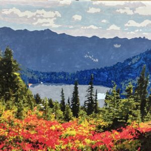 This artwork captures a breathtaking mountain landscape at the height of autumn. A tranquil lake rests between rugged peaks, reflecting the cool blues and soft grays of the distant mountains. The foreground bursts with vibrant fall color — deep reds, warm oranges, and golden yellows — framed by evergreen pines that add contrast and depth. Soft clouds drift across a blue sky, completing the peaceful, immersive atmosphere. This piece brings the beauty of untouched nature into any space. Its rich colors and serene composition make it ideal for living rooms, offices, cabins, or anyone who loves the outdoors.